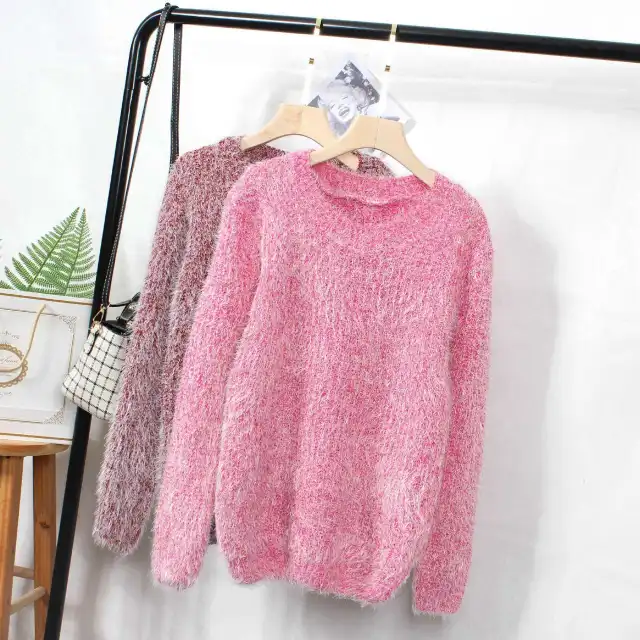 Women's Loose Candy Colored Mohair Pullover Sweater Rose Red - Shop at LoveMi