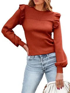 Ruffled Shoulder Long Sleeve Round Neck Slim Rib Knitted Sweater - Chocolate - View 1