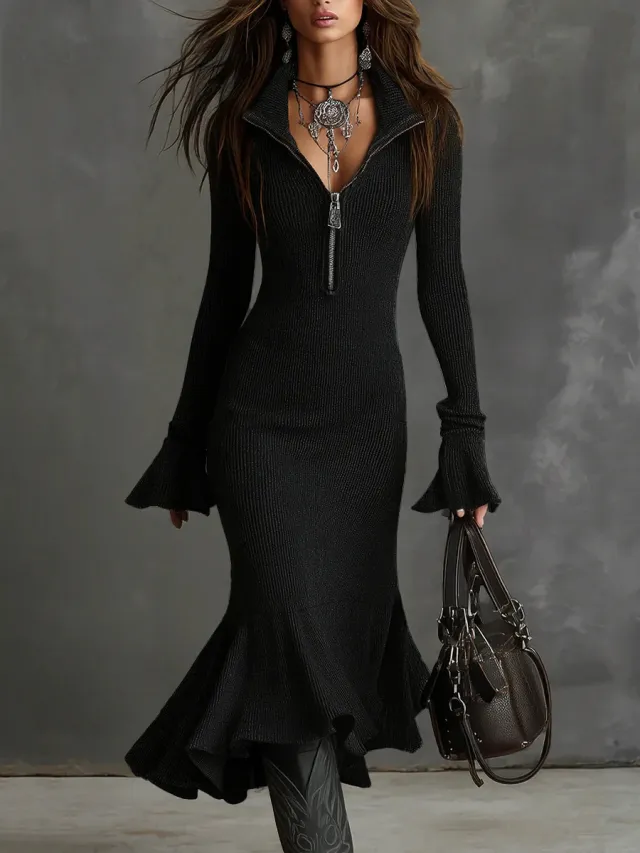 Pleated collar Flared sleeve Knitted Mermaid Skirt Black - Shop at LoveMi