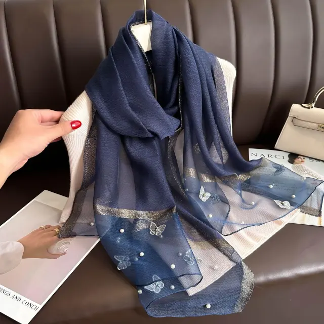 New AutumnWinter Beaded Butterfly Silk Scarf For Women Navy - Shop at LoveMi