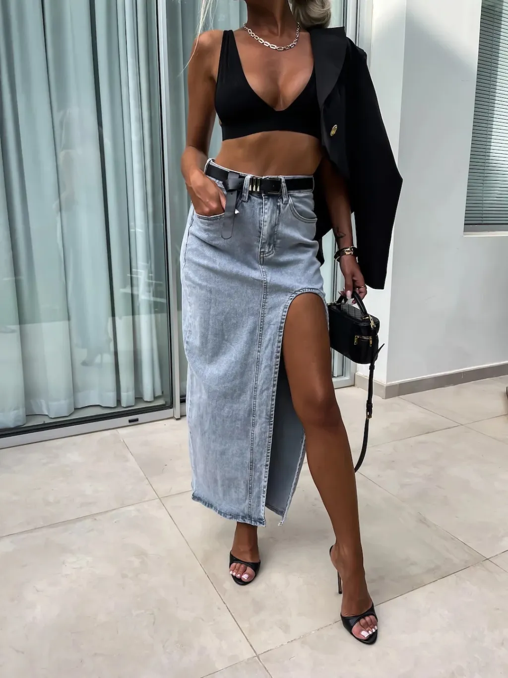 Retro Women's High Waist Irregular Slit Denim Skirt - Light Blue