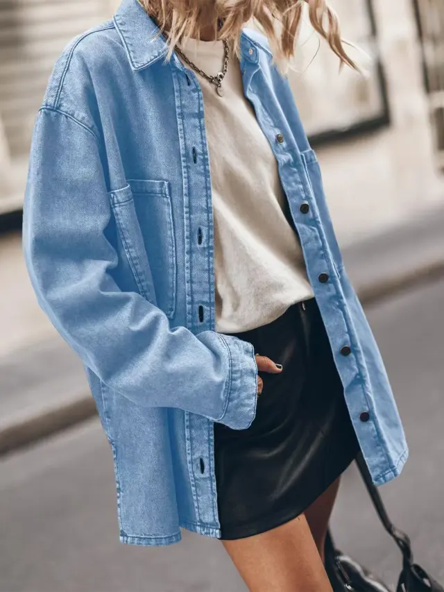Personalized Large Pocket Loose Denim Shirt Light Blue - Shop at LoveMi