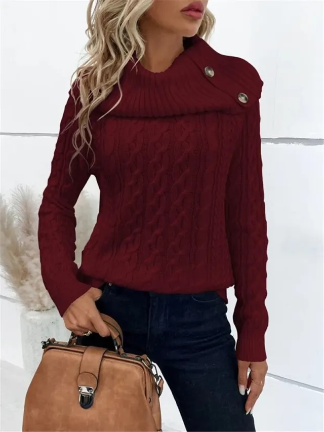 Twisted Knitted Turtleneck Buttons Raglan Sleeve Sweater Wine Red - Shop at LoveMi