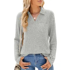 Solid Colour Polo Collar Pocket Long Sleeve Loose-fitting T-shirt Top Women - Grey - View 1