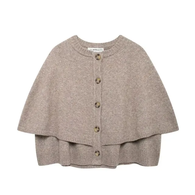 Round Neck Loose Slimming Solid Color Knitted Shawl Khaki - Shop at LoveMi