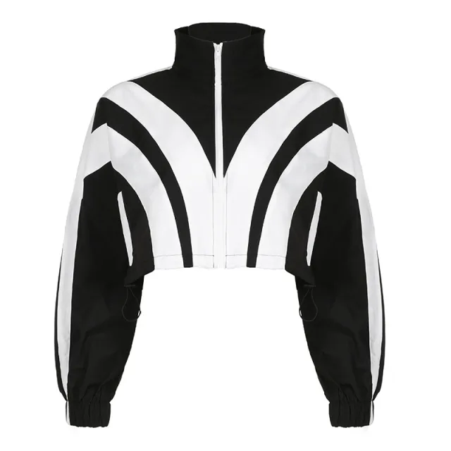 Women's Spliced Color Blocked Zipper Long Sleeved Jacket Long Pants Set Black Top - Shop at LoveMi