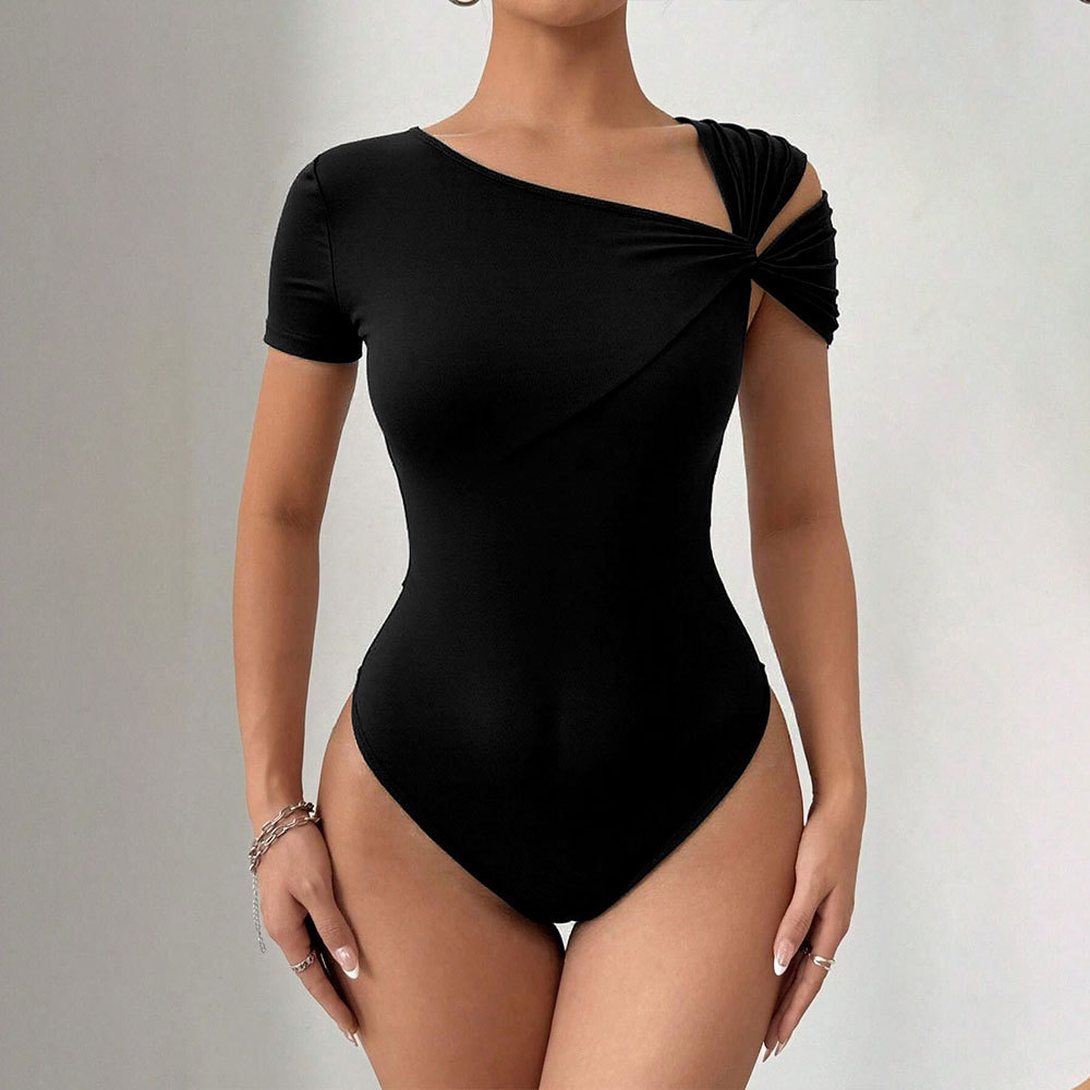 Womens Asymmetrical One-shoulder Twisted-design Short-sleeve Figure-hugging Bodysuit