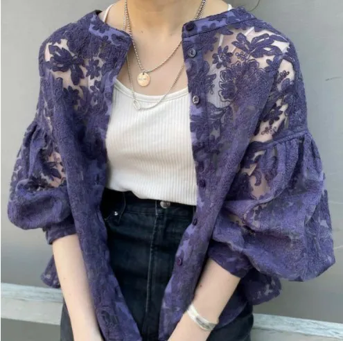 Lantern Sleeve Round Neck Lace Blouse Purple - Shop at LoveMi