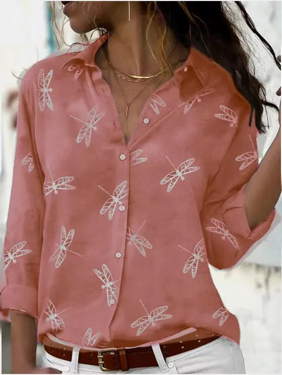 Dragonfly Printed Long Sleeve Lapel Slim Fit Pink - Shop at LoveMi
