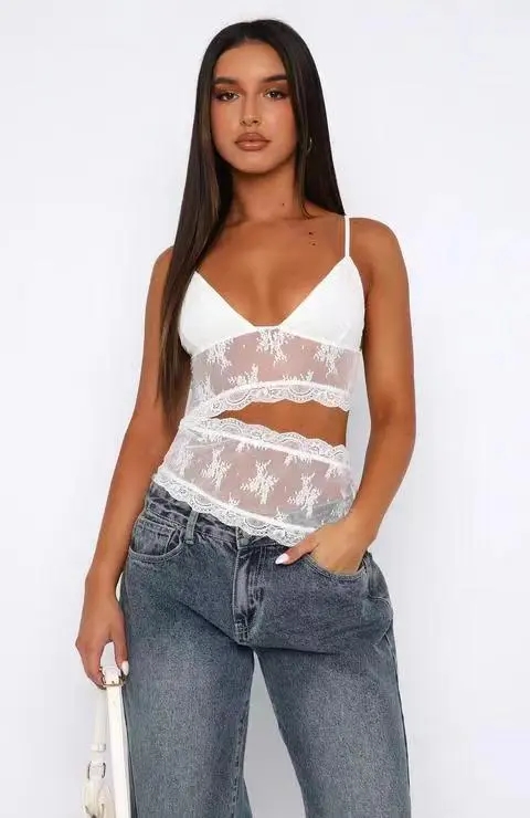 Lace Stitched Backless Small Sling Women V Neck Tank Top Underwear Vest Candy Color Bralette Clothes White - Shop at LoveMi