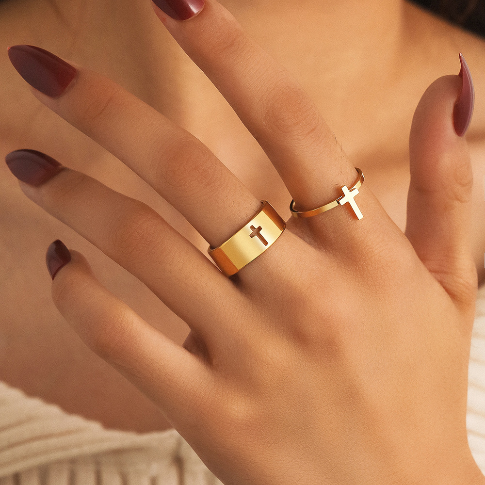 Stylish Stainless Steel Open Cross Ring Set