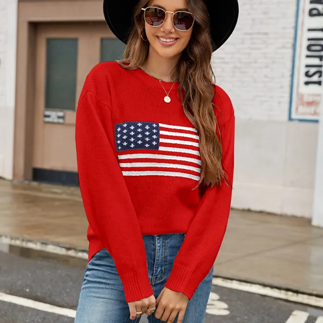 Round Neck Flag Easter Fashion Sweater Women Red Flag Sweater - Shop at LoveMi