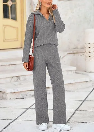 European And American Autumn And Winter Knitting Two piece Set Casual And Comfortable Half open Zipper And Lapel Sweater Gray - Shop at LoveMi