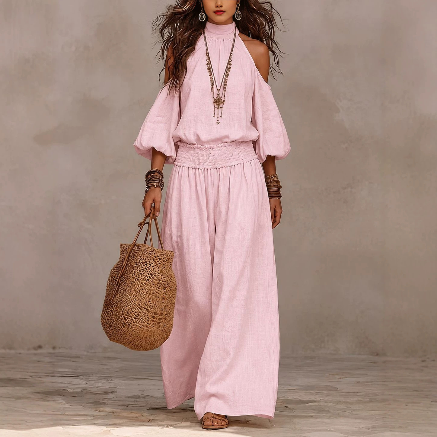 Womens Fashionable Casual Round-Neck Loose-Fit Long-Sleeve Hollow-Out Top And Pleated Pants Set 9