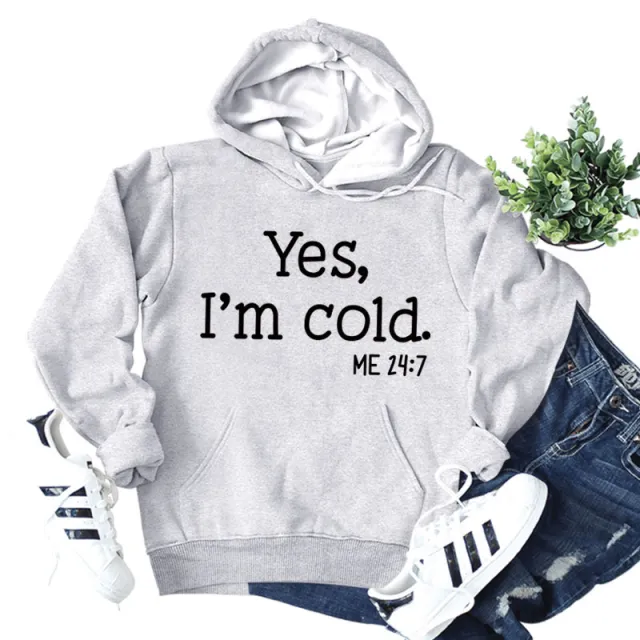 Yes I'm Cold Me Lettered Casual Ladies New Loose Hooded Sweater Long sleeved Shirt Light Gray Hoodie Black Font - Shop at LoveMi