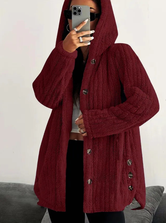 Hooded Loose Plush Coat Women's Regular Sleeve Wine Red - Shop at LoveMi