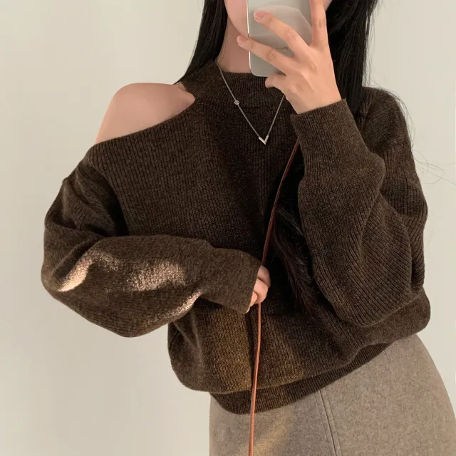 Retro Crew Neck Hollow Out Shoulder baring Loose Sweater Brown - Shop at LoveMi