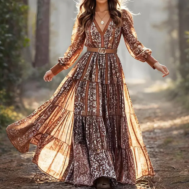 Women's Printed Fashionable V neck Bohemian Long Dress Brown - Shop at LoveMi