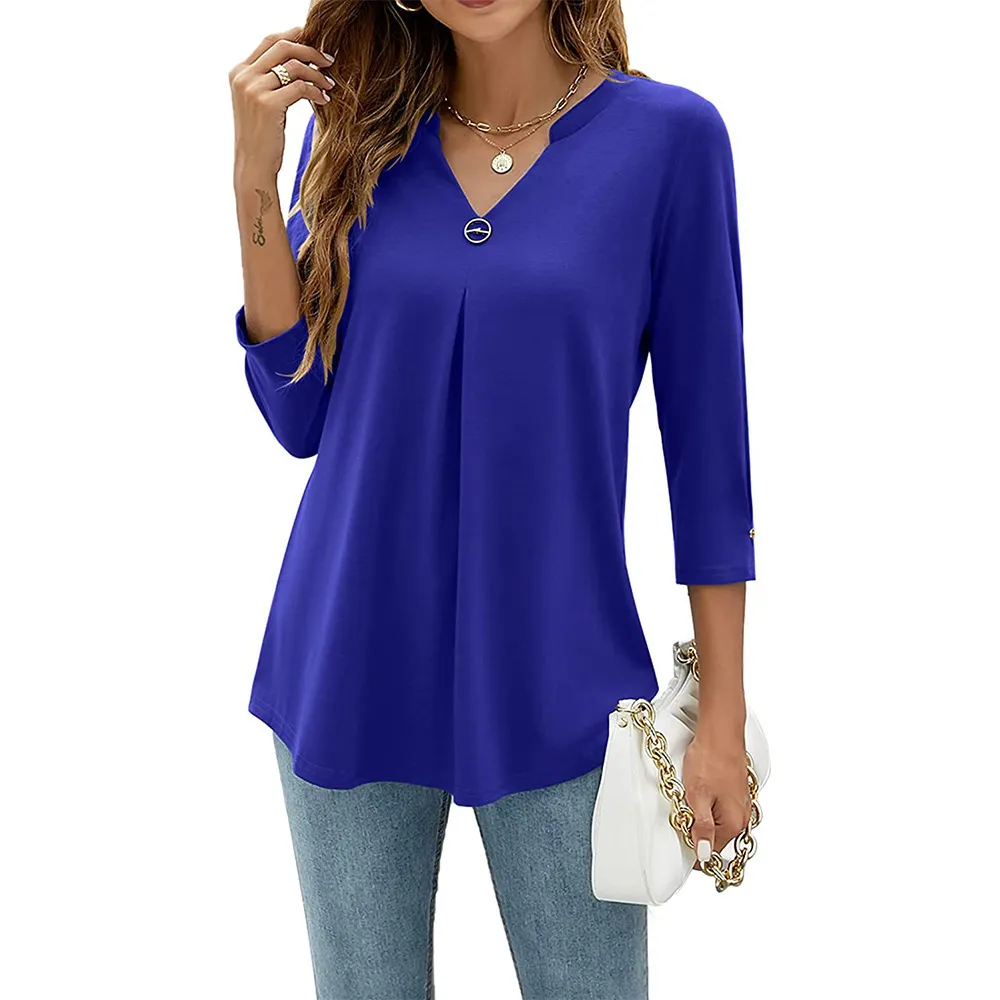Casual And Comfortable Solid Color And V-neck Clinch Loose Three-quarter-length-sleeved T-shirt Top For Women - Blue