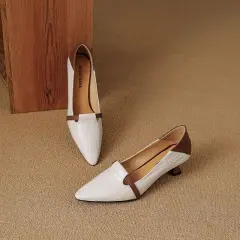 Women's Black Chunky Heel Shoes Low-cut Leather Shoes - Beige - View 1