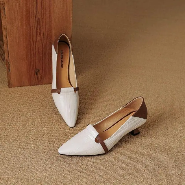 Women's Black Chunky Heel Shoes Low cut Leather Shoes Beige - Shop at LoveMi