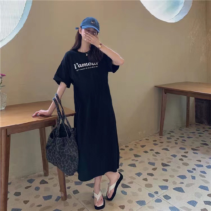 Short sleeve Casual Loose Dress For Women With Stylish And Versatile Print Black - Shop at LoveMi