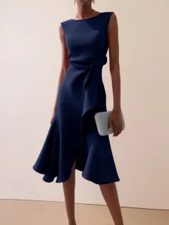 Women's Sleeveless Round Neck Red Temperament Dress - Navy - View 1