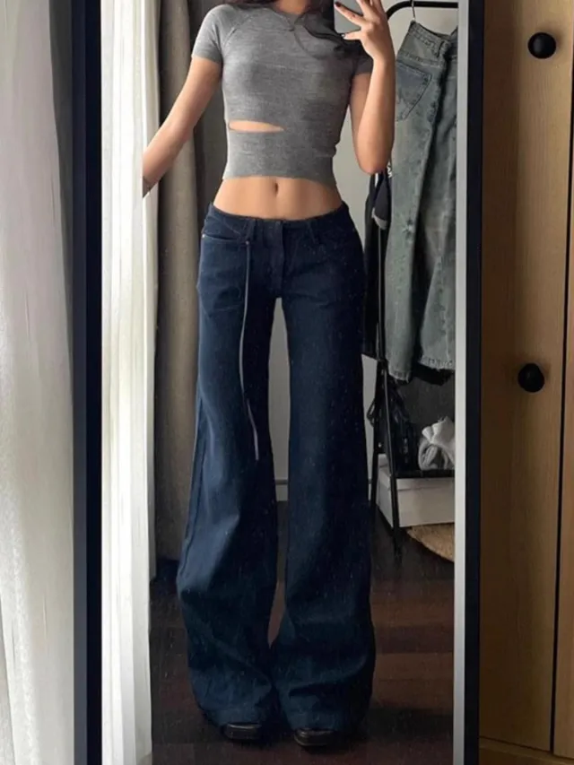 Retro Low Waist Draping Washed Wide leg Jeans Women Blue - Shop at LoveMi