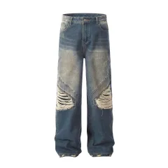 Women's Street Fashion Washed Deconstructed Ripped Jeans - Blue - View 1