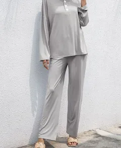Women's Clothing Stand-up Collar Long Sleeve Shirt Straight-leg Trousers Suit - Tan - View 1
