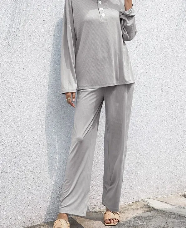Women's Clothing Stand up Collar Long Sleeve Shirt Straight leg Trousers Suit Tan - Shop at LoveMi