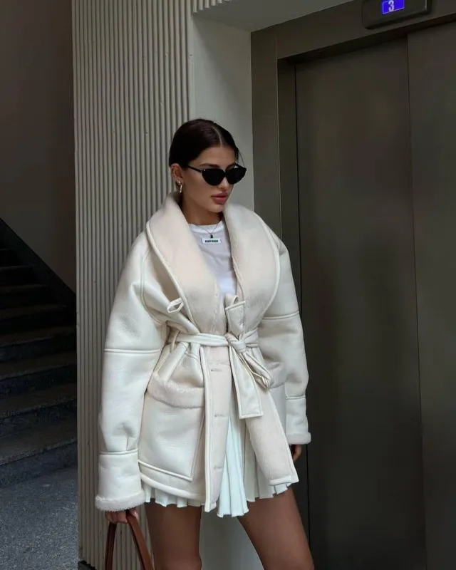 Leather And Fur Korean Style Long Sleeve Splicing Coat Women White - Shop at LoveMi