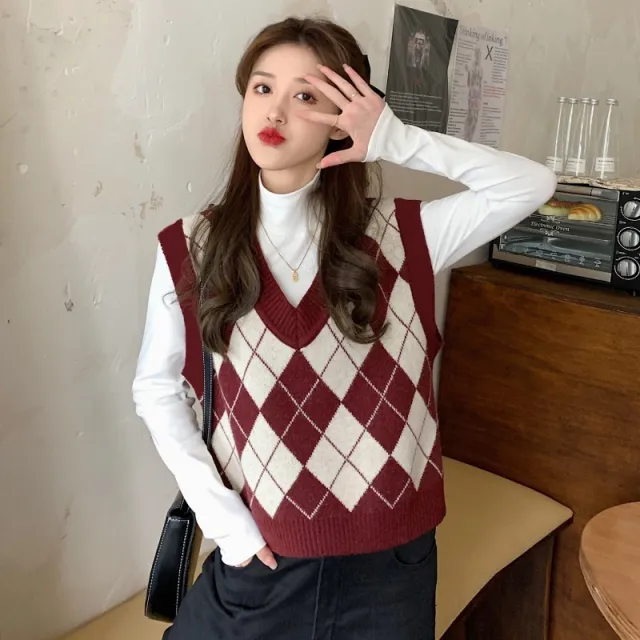 Retro V neck Idle Style Vest Outerwear Top Wine Red - Shop at LoveMi