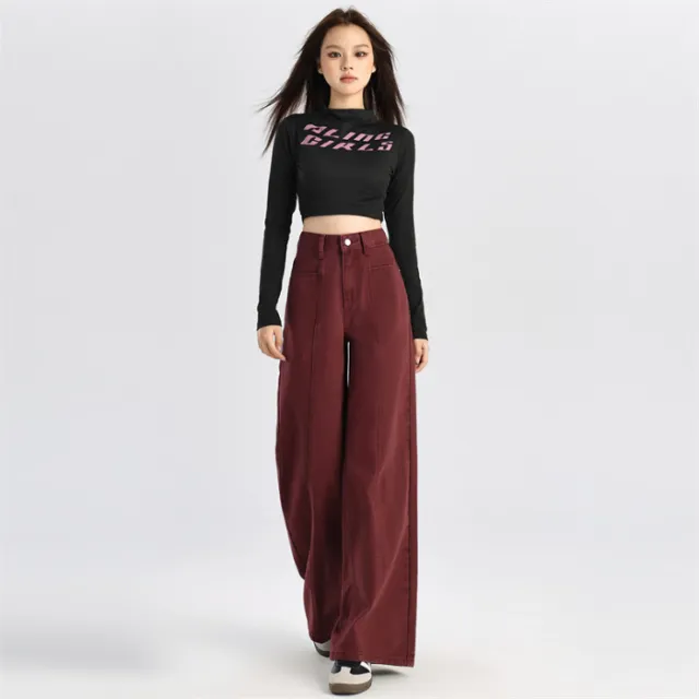 Sweet Cool High Waist Slimming And Wide Leg Jeans Ankela Red Trousers - Shop at LoveMi