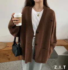 Women's Fashion Casual Solid Colour Embroidery V-neck Sweater Coat - Brown - View 1