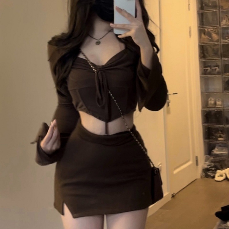 Top Long Sleeve Short Dress Young Wear Brown Two piece Suit Brown Suit Two Piece Set - Shop at LoveMi