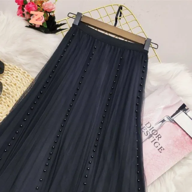 Pleated Mesh Skirt Women's Mid length High Waist Long Skirt Black - Shop at LoveMi