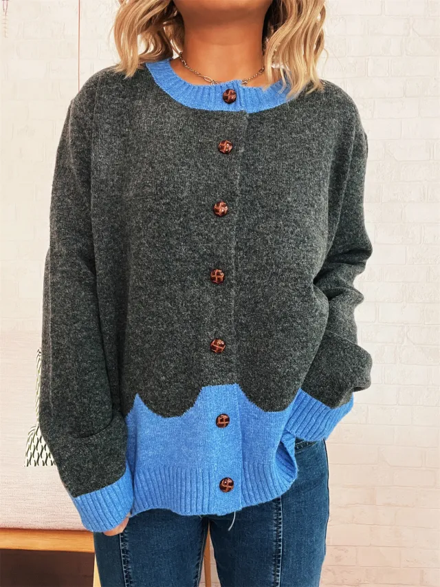 Color Effect Collar Single breasted Casual Loose Knitted Cardigan Casual Sweater Dark Gray - Shop at LoveMi