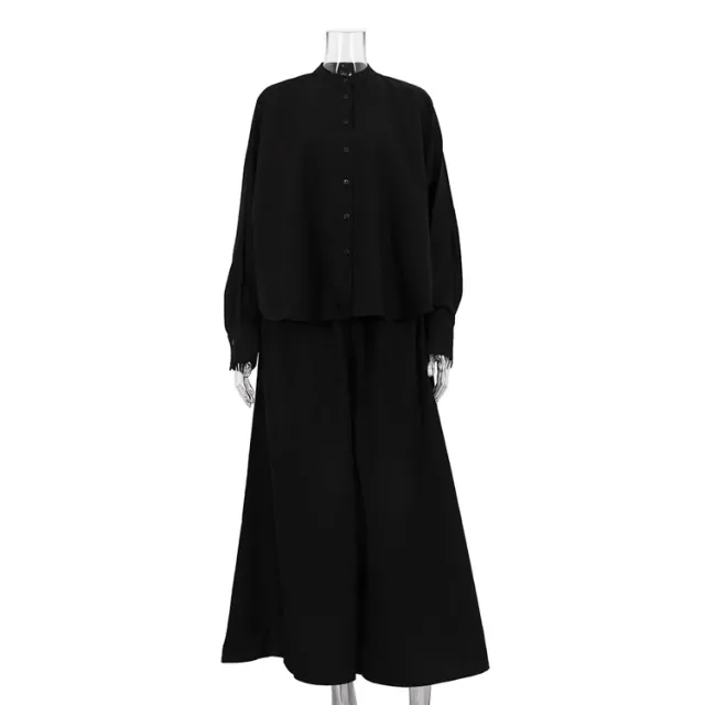 Casual Stand up Collar Long sleeved Shirt Wide Leg Pants Loose Two piece Suit Black - Shop at LoveMi