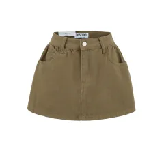 Retro Mid-low Waist Anti-exposure Denim A- Line Bubble Short Skirt - Khaki - View 1