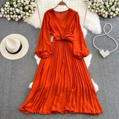 Retro-style Fashionable Dress With Lantern Sleeves For A Slimming Effect - Orange - View 1