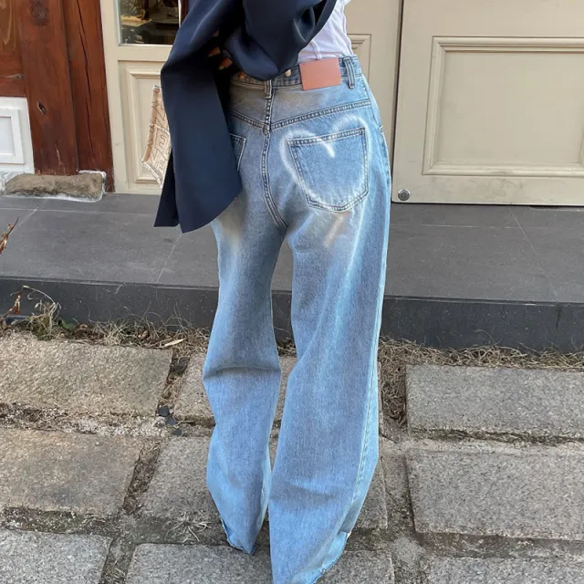 Versatile Heart Printing Design Distressed Draping Wide leg Washed Jeans - Shop at LoveMi