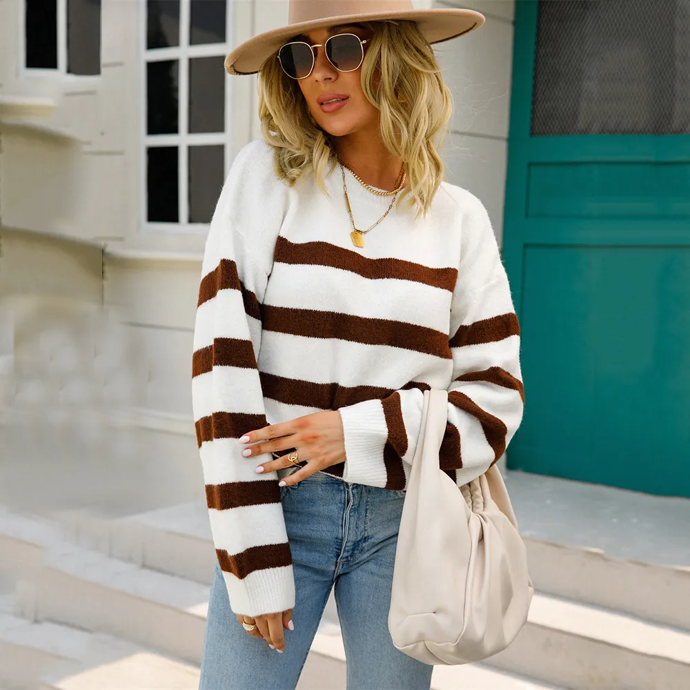 Round Neck Slim Pullover Sweater Loose Striped Sweater - White