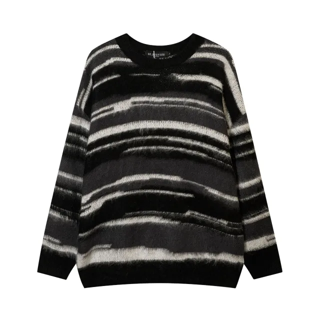 American Vintage Suede Striped Contrast Color Round Neck Sweater Black - Shop at LoveMi