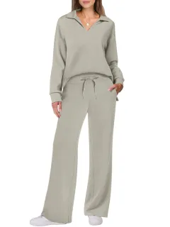 Casual Long Sleeve Drawstring Solid Colour Commute Trousers Suit Women - Light Khaki - View 1