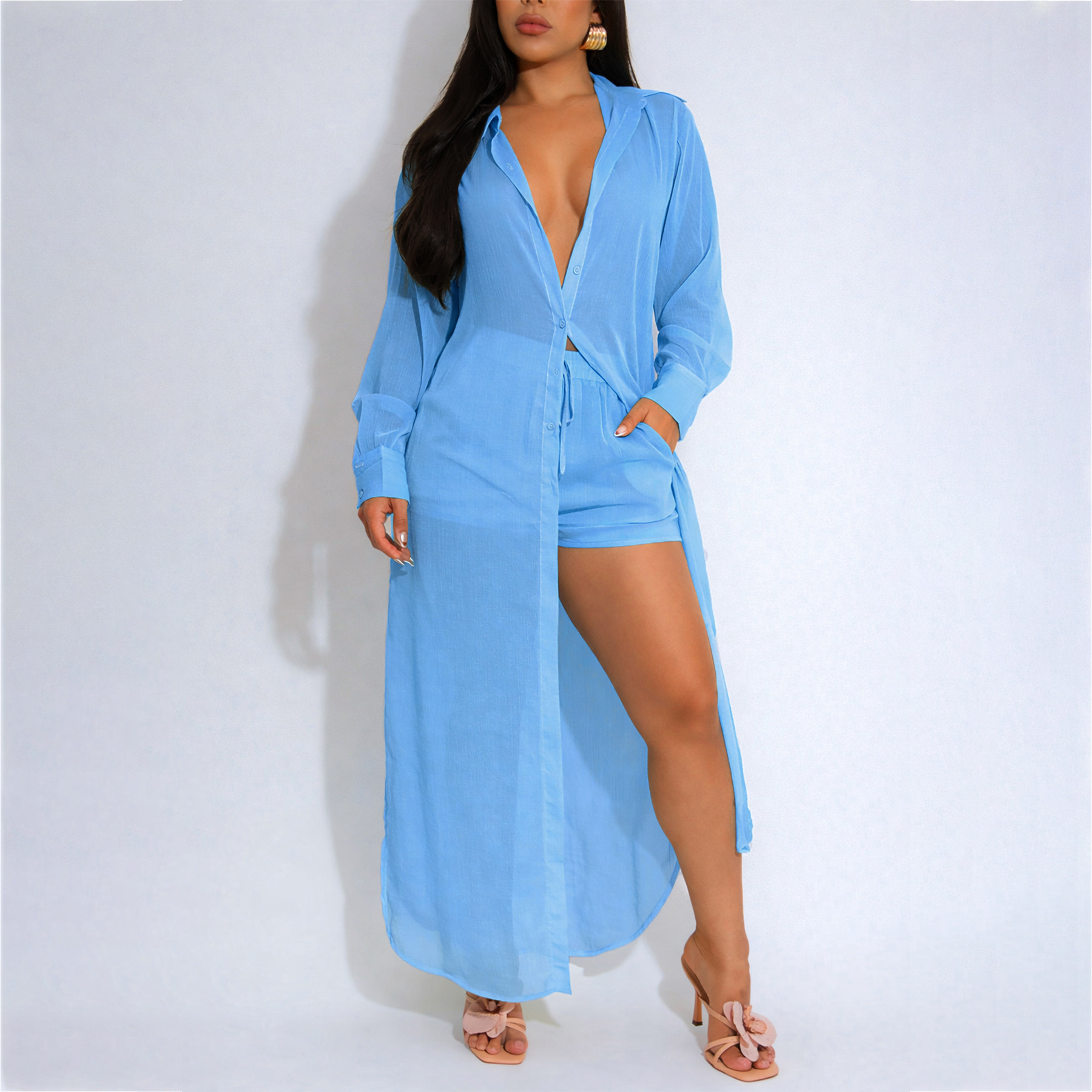 Sheer Long-sleeve Cardigan Buttoned Side-split Blouse And Shorts Set