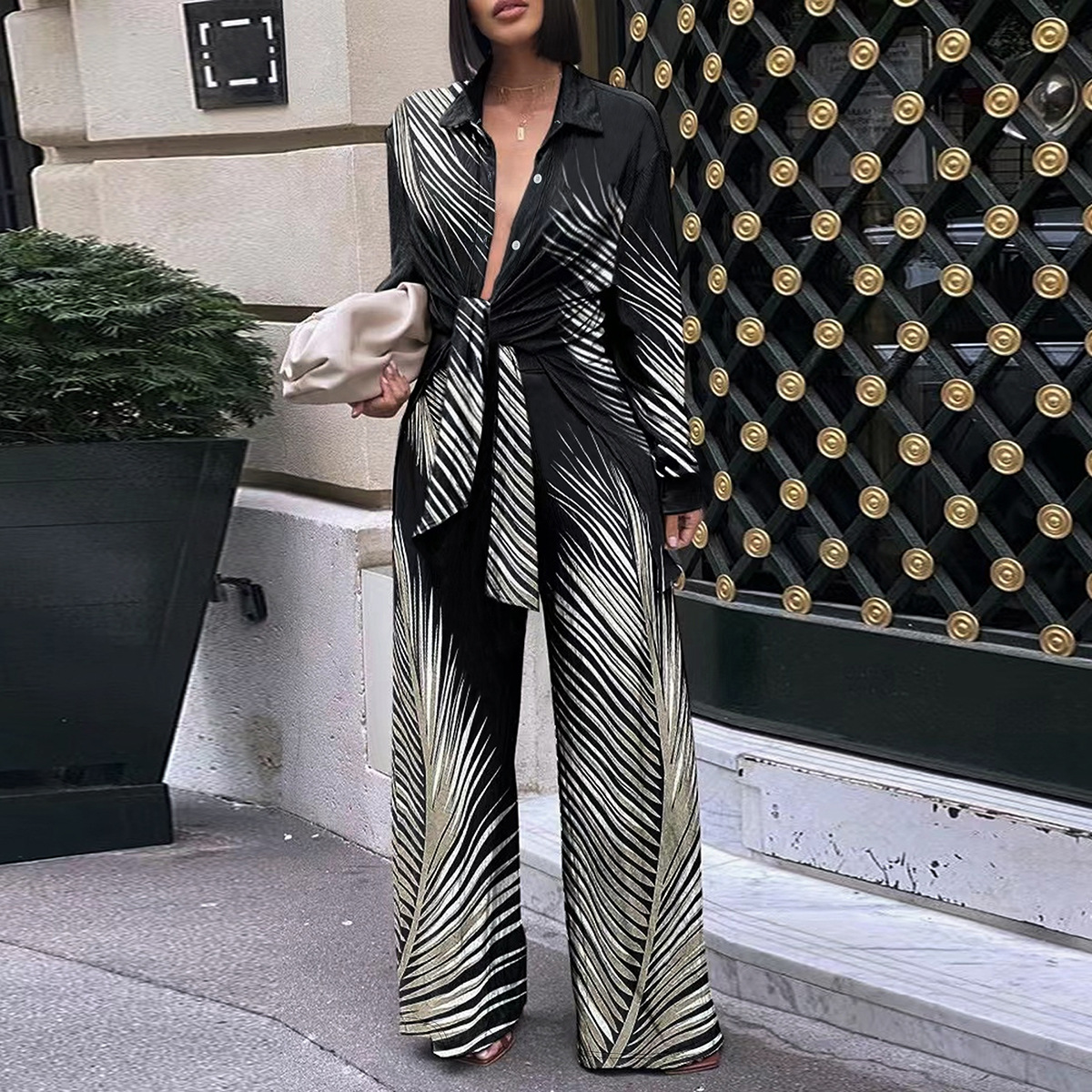 Women's Fashion Printed Long sleeved Trousers Casual Shirt Two piece Set Black And White - Shop at LoveMi