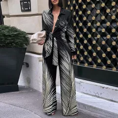 Women's Fashion Printed Long-sleeved Trousers Casual Shirt Two-piece Set - Black And White - View 1