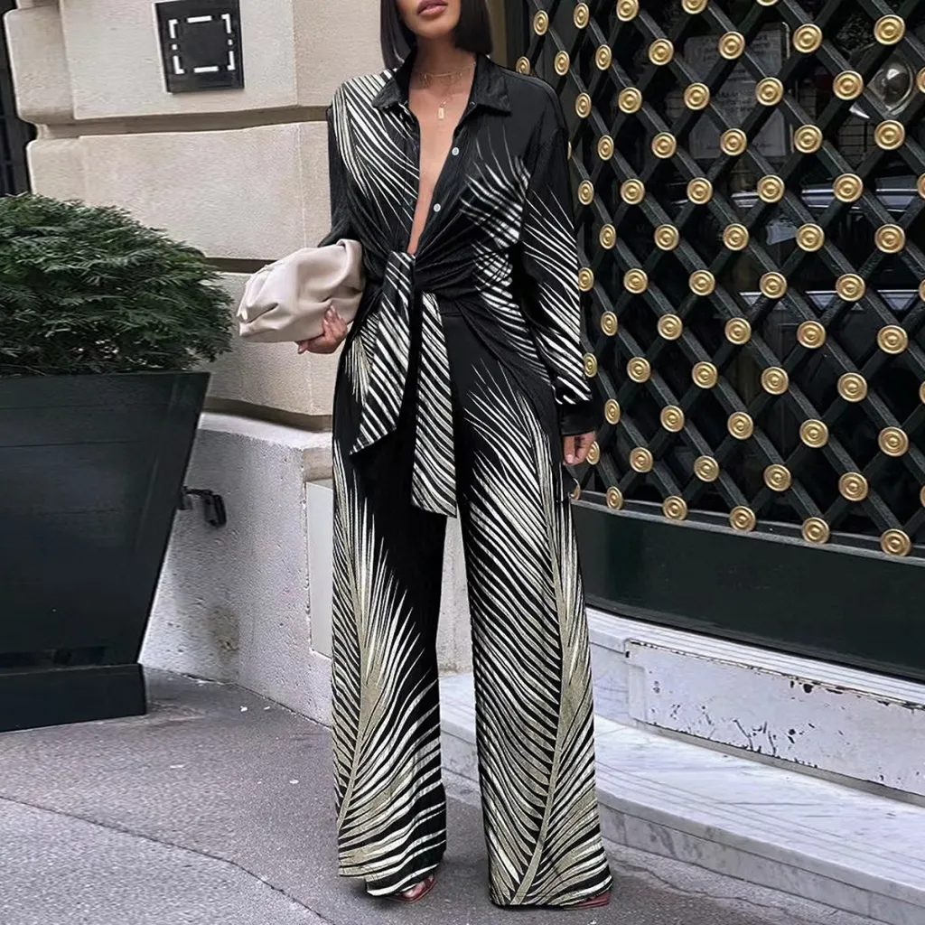Women's Fashion Printed Long-sleeved Trousers Casual Shirt Two-piece Set - Black And White