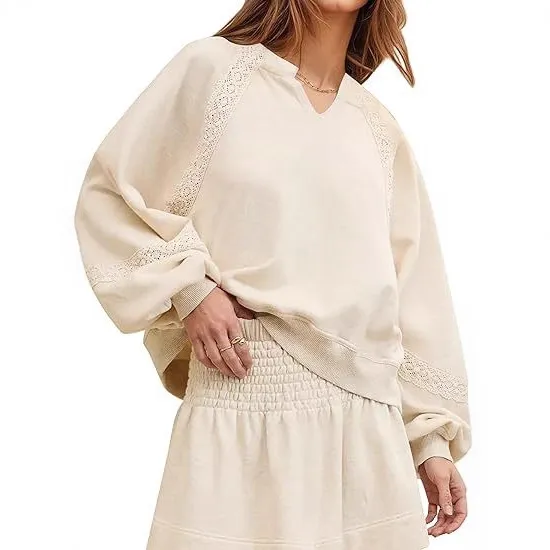 Women's Casual Lace Lantern Long Sleeve Solid Color Loose Top Apricot - Shop at LoveMi